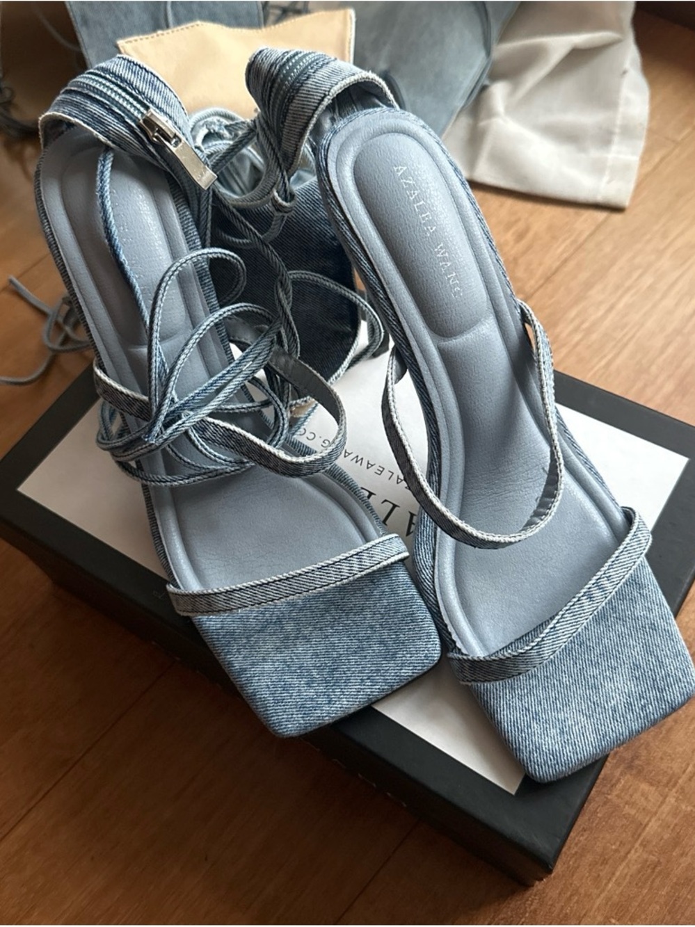 Strappy Denim Square-Toe Lace-Up Heels in Light Blue